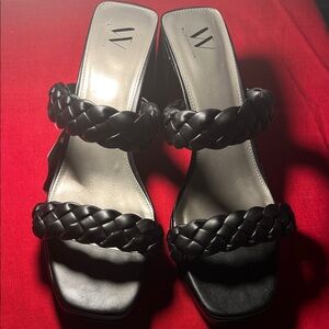 Worthington Black Braided Double-Strap Heeled Sandals